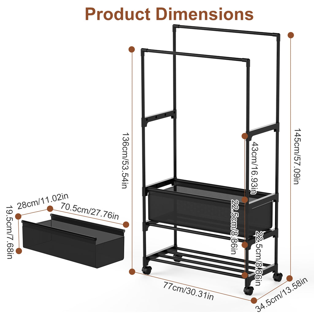 1Pc Double Rods Garment Rack With Storage Bag Portable Clothing Rack With Shelves Lockable Wheels Small Portable Closet Storage Bag Height Adjustable