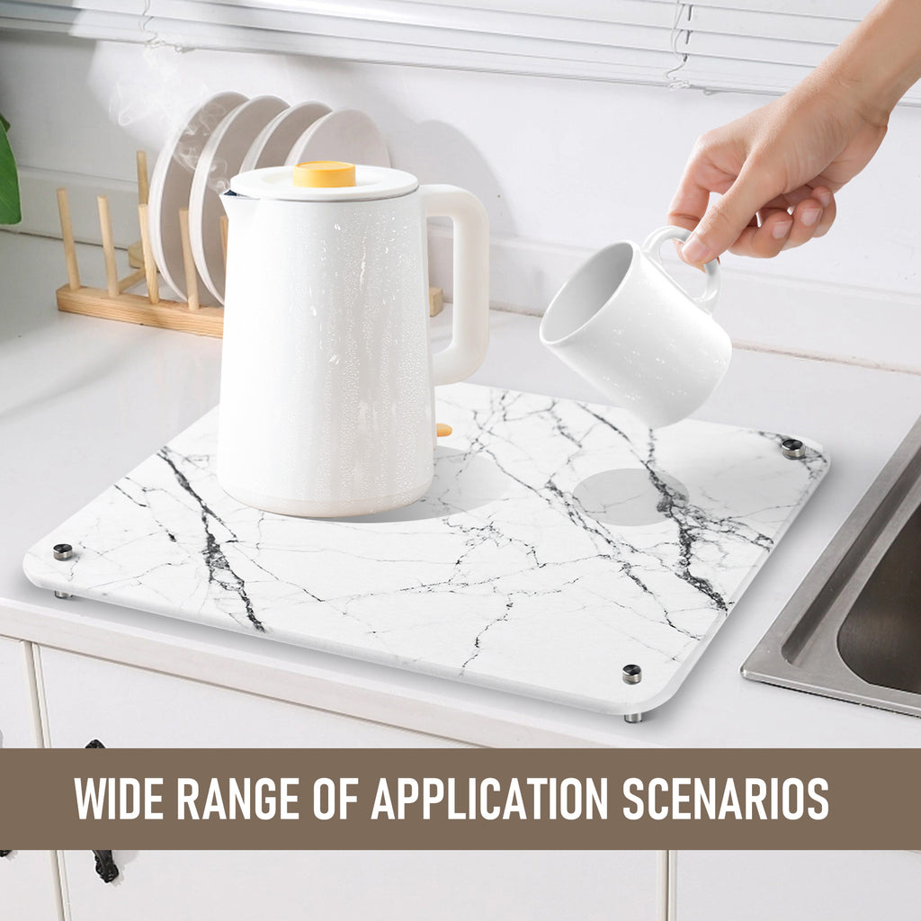 15.75 In. X 11.81 In. White Marble Look Stone Drying Mat For Kitchen, Water Absorbent Diatomaceous Stone Dish Drying Mat