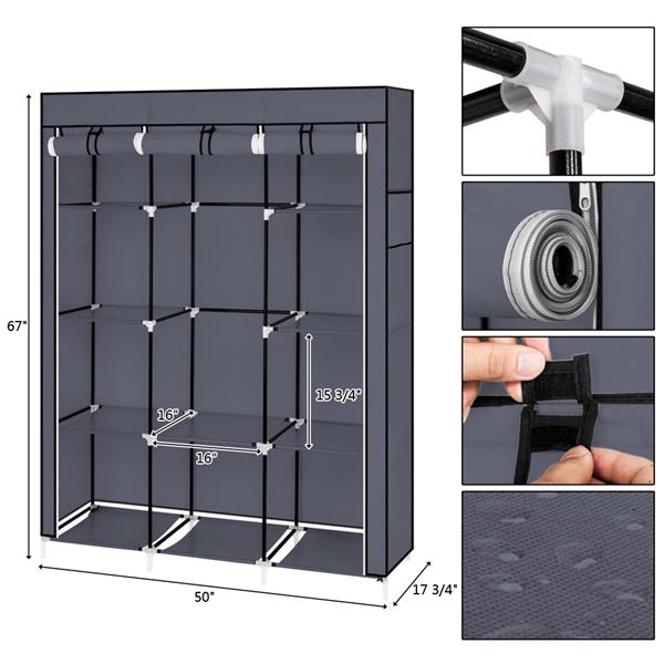 Non Woven Wardrobe 4 Layers 10 Grids 130 X 45 X 167cm - Gray