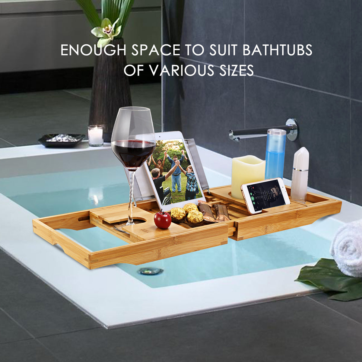 1Pc Bathtub Caddy Tray Crafted Bamboo Bath Tray Table Extendable Reading Rack Tablet Phone Holder Wine Glass Holder Shelf Desk Bathroom Spa