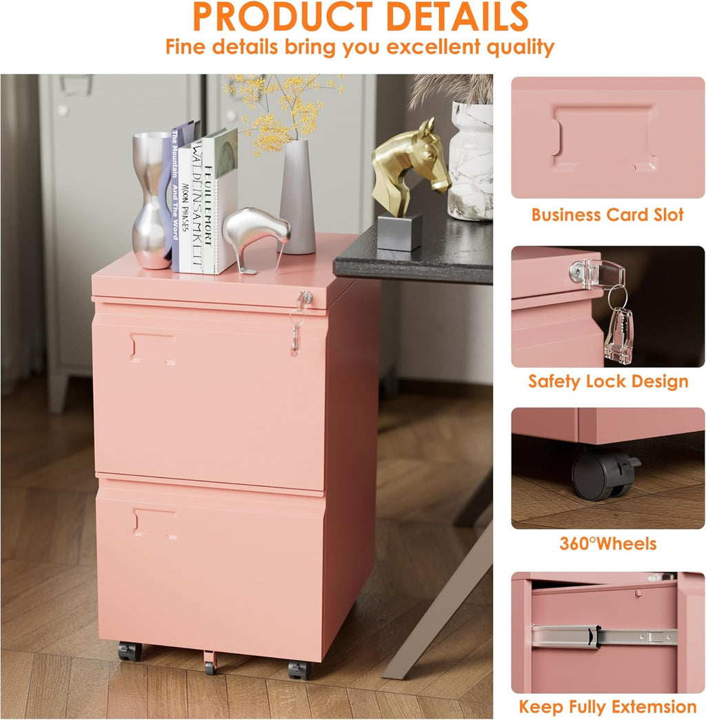 2 Drawer Mobile File Cabinet With Lock, Under Desk Metal Filing Cabinet For Office, Home,Vertical Cabinet Legal Letter Size, Need To Assembled