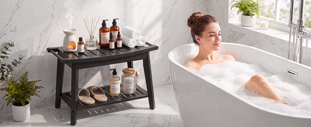 Shower Bench Wood Water Proof Ergonomic Shower Stool With Storage Shelf For Bathroom Spa Black