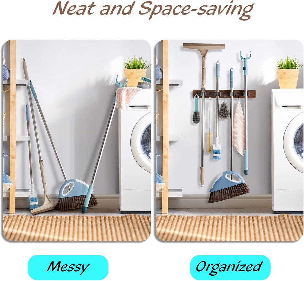 Wood Mop And Broom Holder Wall Mount, 4 Slots And 4 Hooks, Rustic Tool Rack For Garage, Closet, Laundry Room And Kitchen