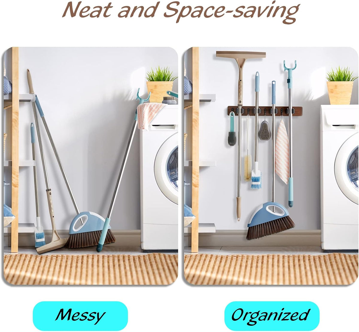Wood Mop And Broom Holder Wall Mount, 4 Slots And 4 Hooks, Rustic Tool Rack For Garage, Closet, Laundry Room And Kitchen