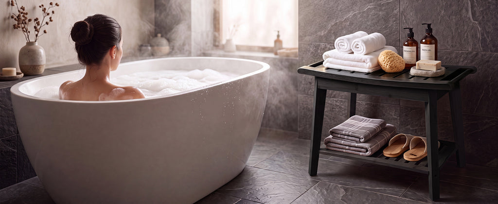 Shower Bench Wood Water Proof Ergonomic Shower Stool With Storage Shelf For Bathroom Spa Black