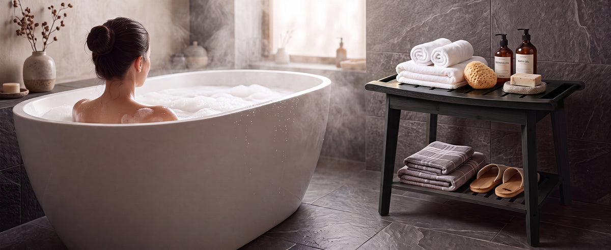 Shower Bench Wood Water Proof Ergonomic Shower Stool With Storage Shelf For Bathroom Spa Black