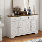 Kitchen Storage Sideboard, Farmhouse Buffet Cabinet with Barn Style Doors, Drawers, Adjustable Shelves, White