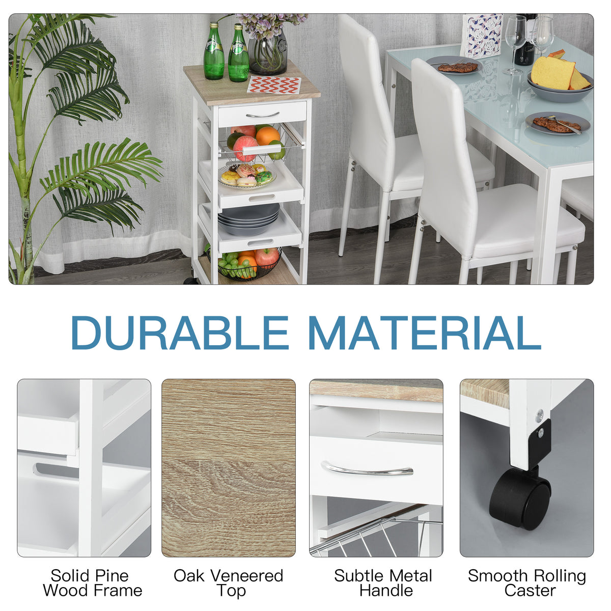 Mobile Kitchen Cart, Rolling Kitchen Island with Storage, Solid Wood Frame Utility Cart with Wire Fruit Baskets, Trays and Drawer, White