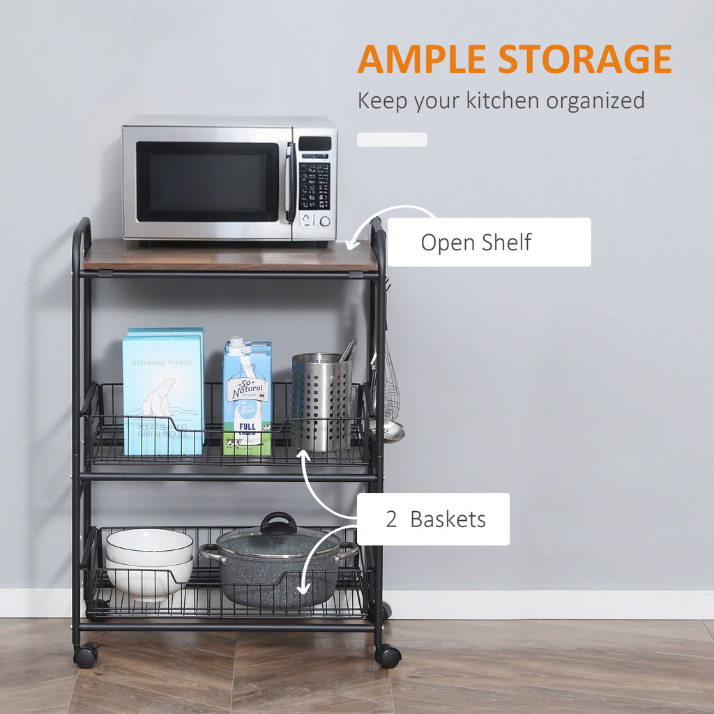 3 Tier Rolling Kitchen Cart with Storage, Kitchen Island Cart on Wheels with 2 Sliding Fruit Basket, Microwave Cart with Side Hooks for Dining Room, Walnut