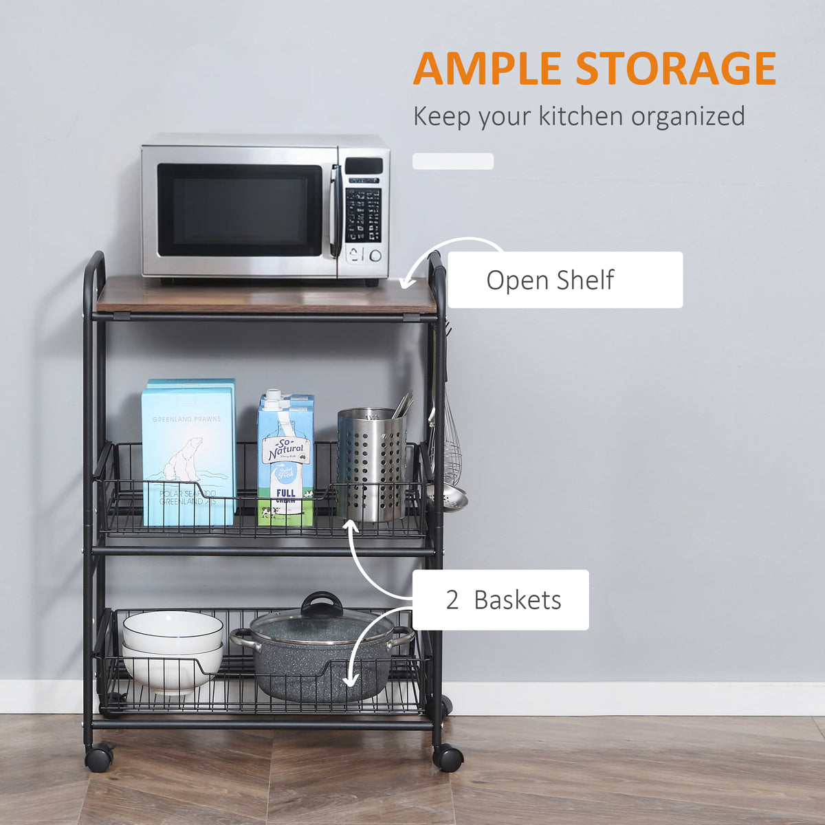 3 Tier Rolling Kitchen Cart with Storage, Kitchen Island Cart on Wheels with 2 Sliding Fruit Basket, Microwave Cart with Side Hooks for Dining Room, Walnut
