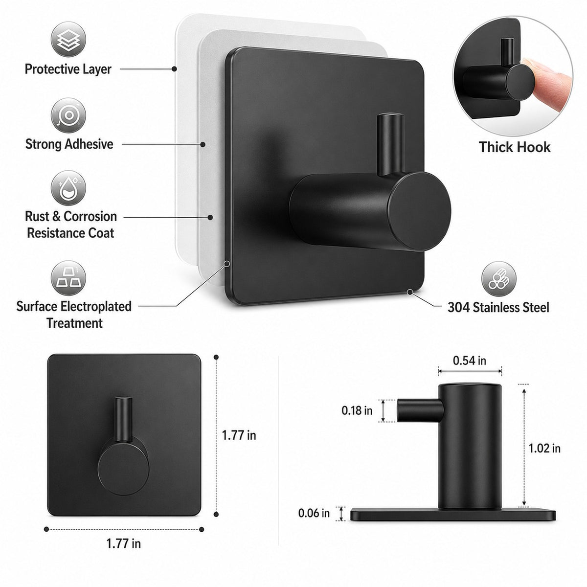 2pcs Adhesive Towel Hook, Stainless Steel Square Wall Hook For Bathroom, No Drill Robe Towel Hanger For Smooth Hard Surfaces