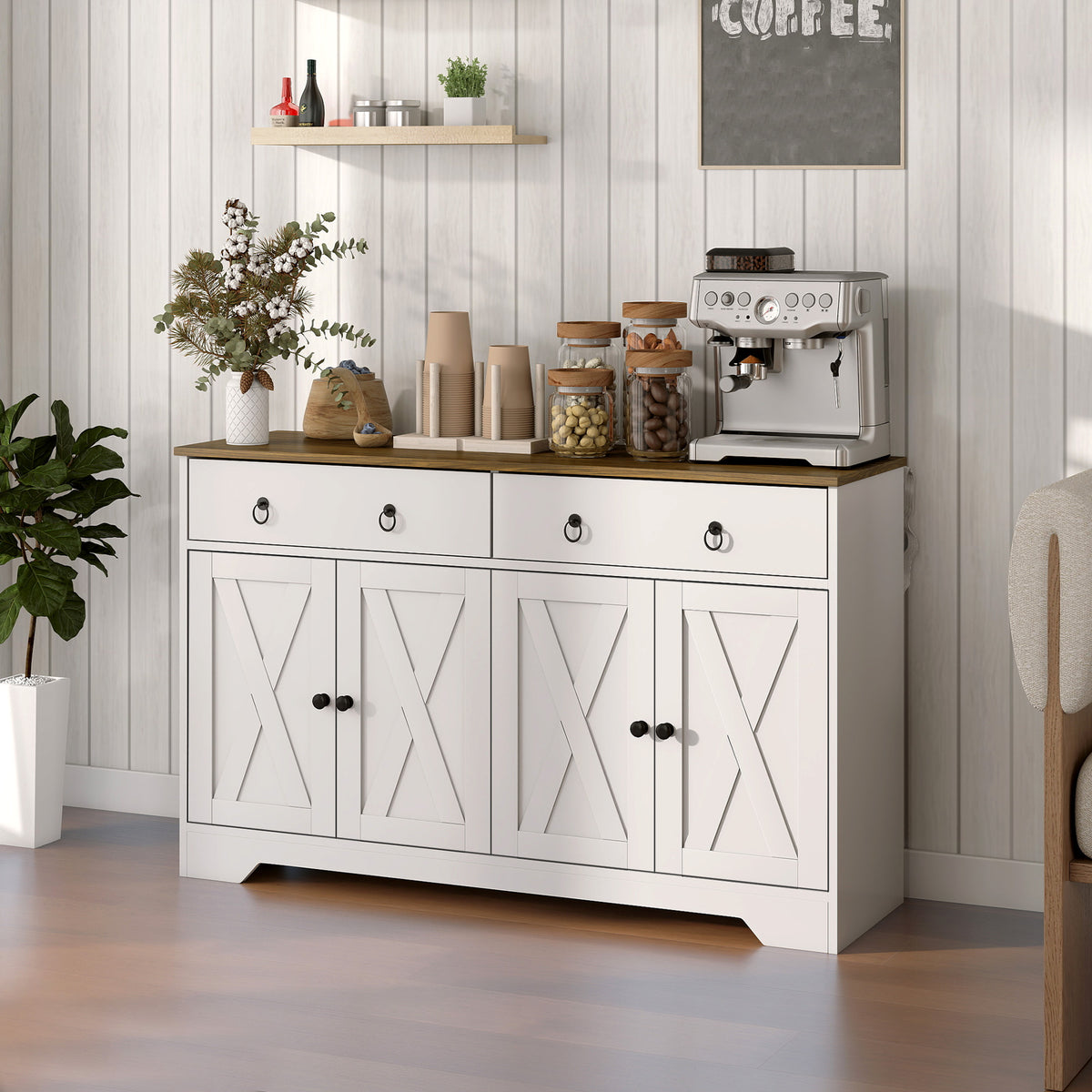 Kitchen Storage Sideboard, Farmhouse Buffet Cabinet with Barn Style Doors, Drawers, Adjustable Shelves, White