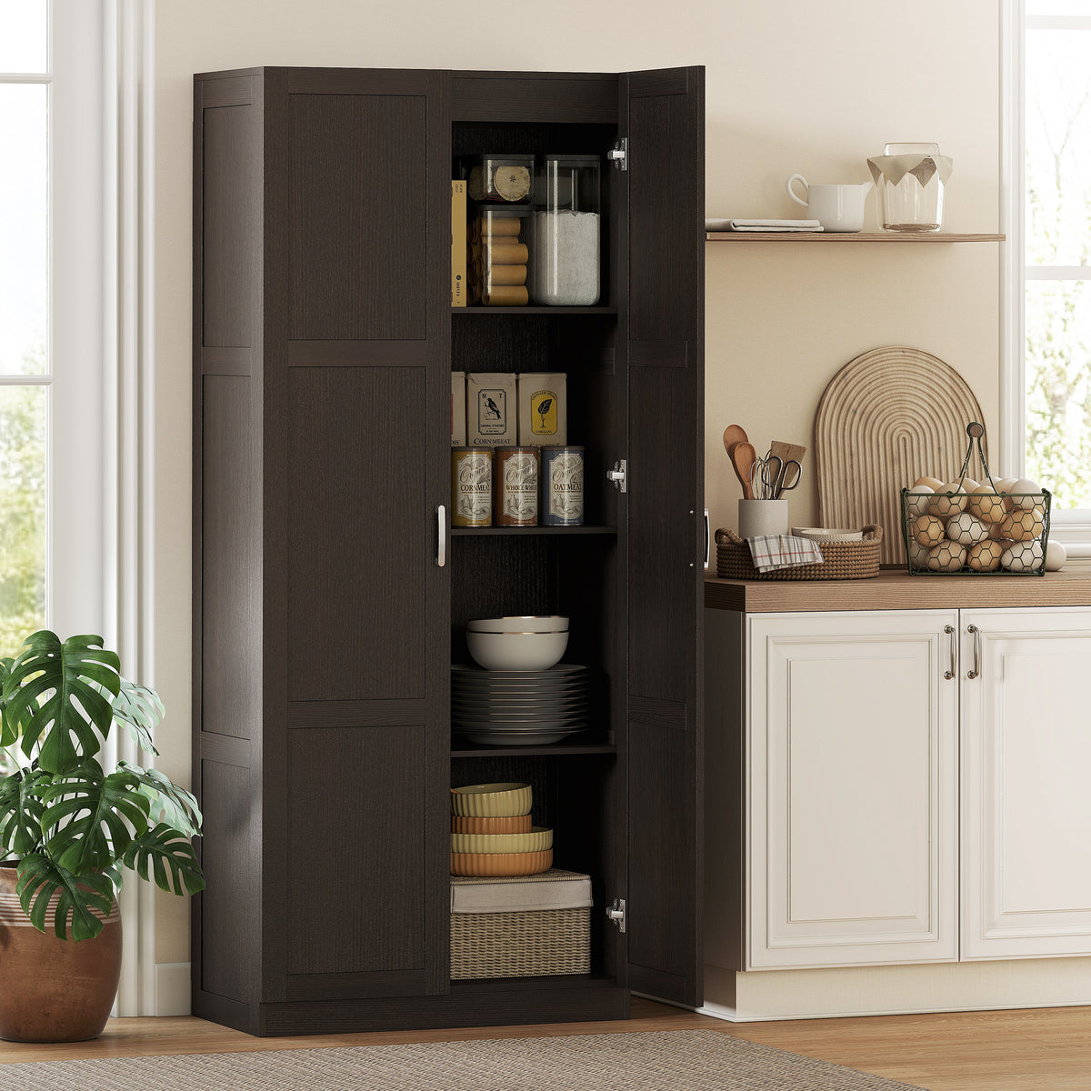 Farmhouse Pantry Cabinet, 71" Tall Kitchen Pantry Storage Cabinet with Soft-Close Hinges, Adjustable Shelves, Espresso