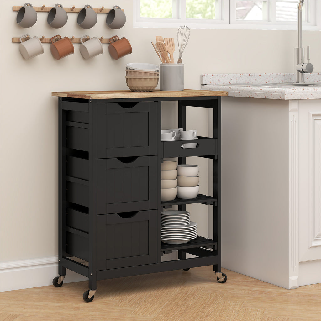 Rolling Kitchen Cart, Kitchen Island with Wood Top, Shelves & Drawers for Dining Area, Black