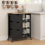 Rolling Kitchen Cart, Kitchen Island with Wood Top, Shelves & Drawers for Dining Area, Black