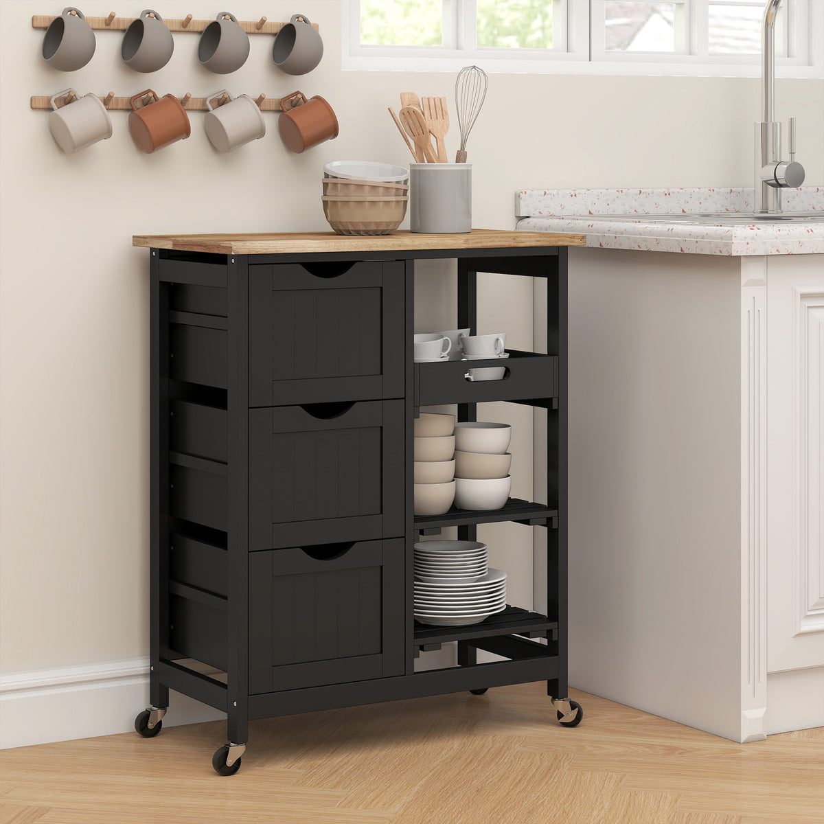 Rolling Kitchen Cart, Kitchen Island with Wood Top, Shelves & Drawers for Dining Area, Black