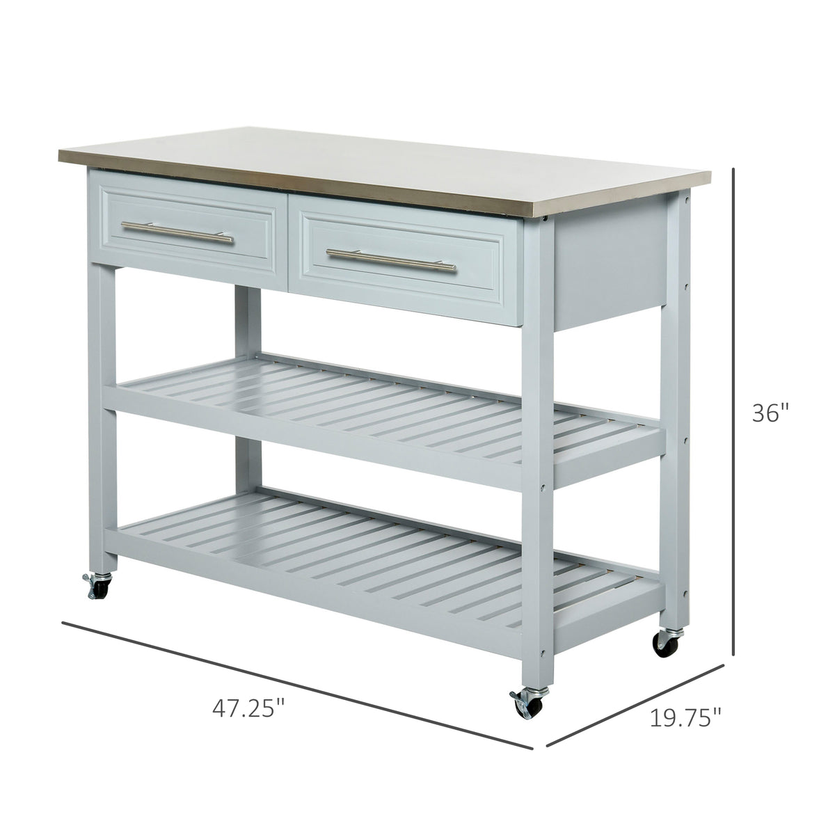 Kitchen Island with Stainless Steel Top, Traditional Kitchen Island with Storage, Butcher Block Cart 2-Tier Open Shelves, Drawers, Light Gray
