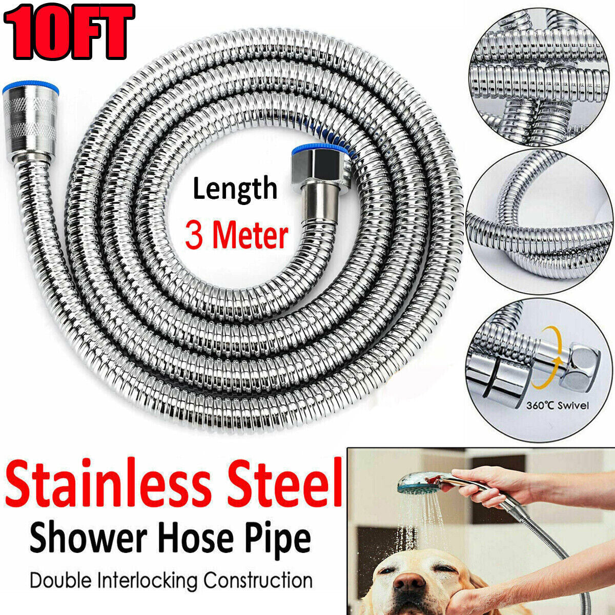 118inch 3 M Shower Hose Flexible Stainless Steel Chrome Shower Head Hose Pipe