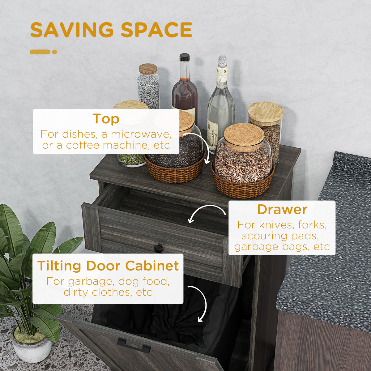 Kitchen Tilt Out Trash Bin Cabinet Free Standing Storage Cabinet with Drawer, Charcoal Gray