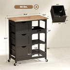 Rolling Kitchen Cart, Kitchen Island with Wood Top, Shelves & Drawers for Dining Area, Black