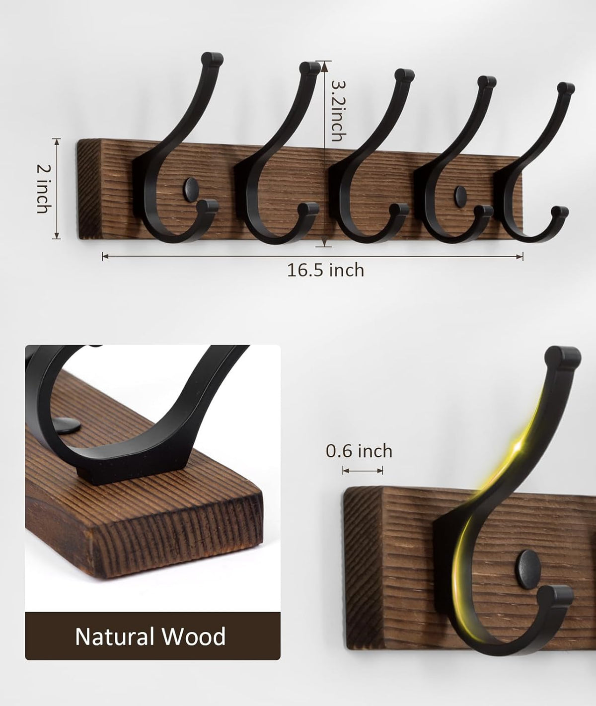 Wood Wall Mounted Coat Rack 1 Unit, 16.5 Inch Brown Rack With Hooks For Coats, Hats, Bags, Keys, Towels And Purses